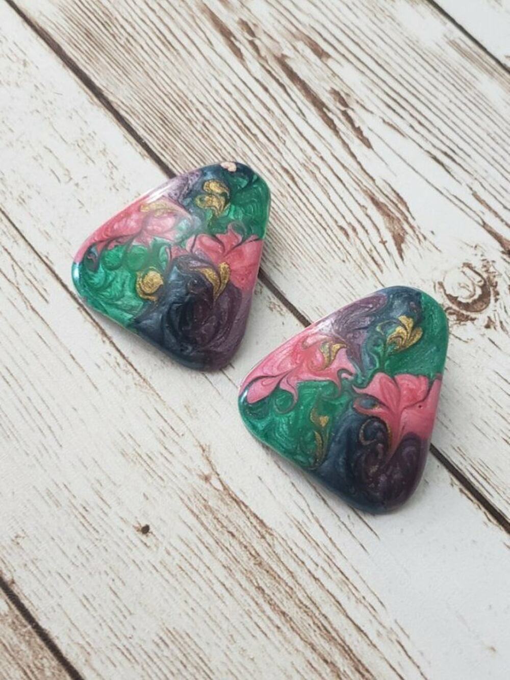 Vintage Clip On Earrings Rounded Triangle Shape Pink, Green, Purple 1 & 3/8"
